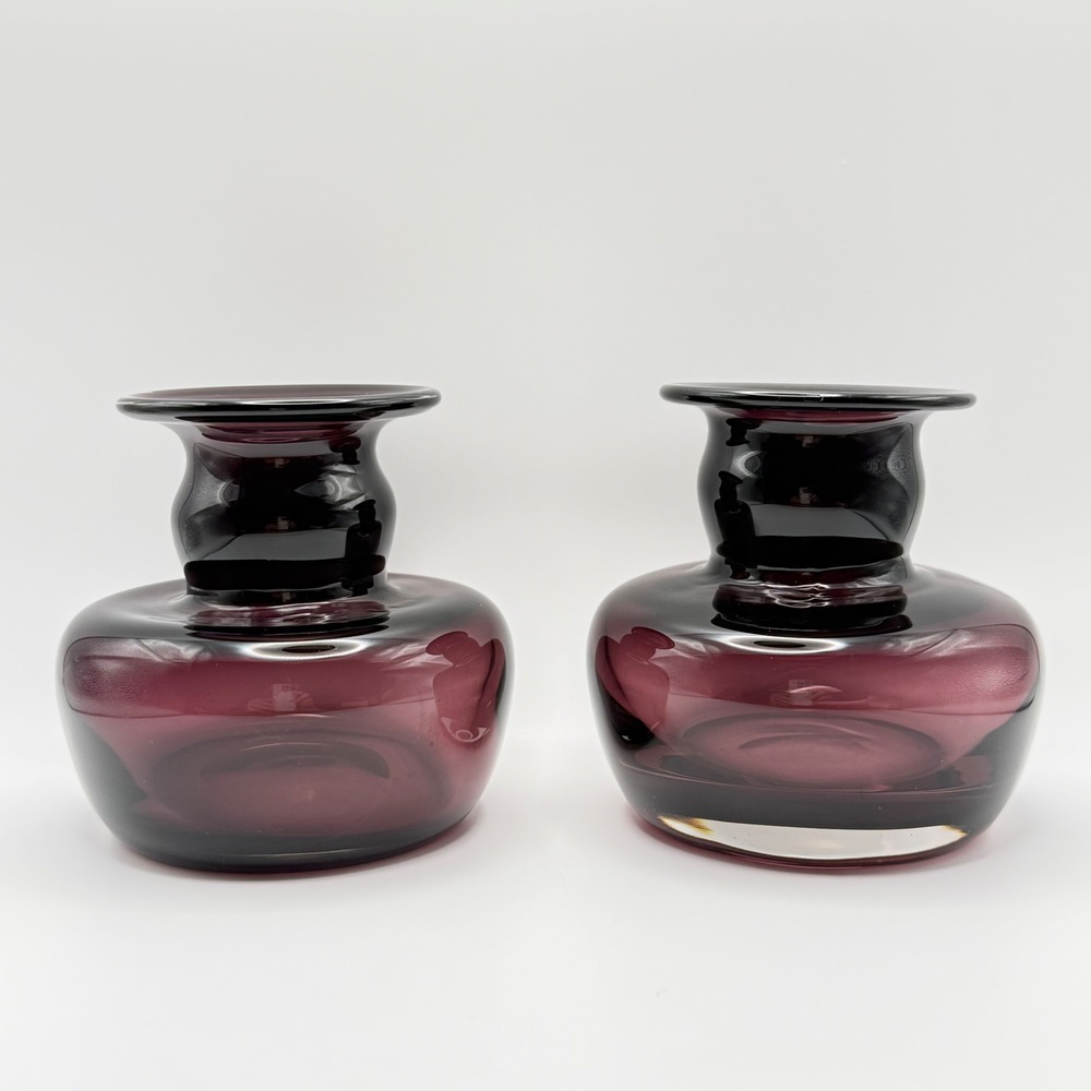 Amethyst Purple Art Glass Bud Vases Hand Blown Cased Set 2 Pair Bulbous Vintage